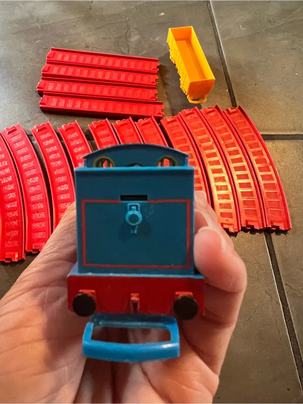 Thomas & Friends Blue Engine with Red Track Sections and Yellow Cart